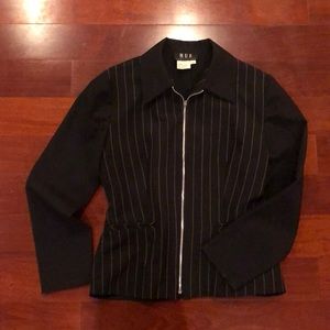 Thin single layer pinstripe black zipper blazer work attire. True front pockets